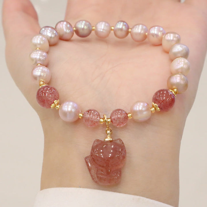 Buddha Stones天然パール ストロベリークォーツ キュートフォックス ラブヒーリングチャームブレスレット