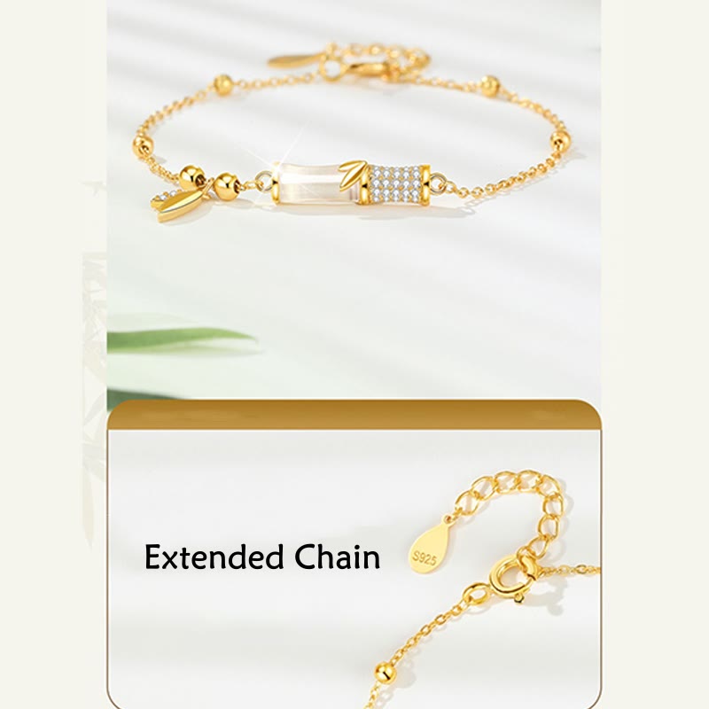 Buddha Stones 925スターリングシルバー 18Kゴールドメッキ ホワイトジェイド 竹 ジルコン リーフ 幸運ブレスレット