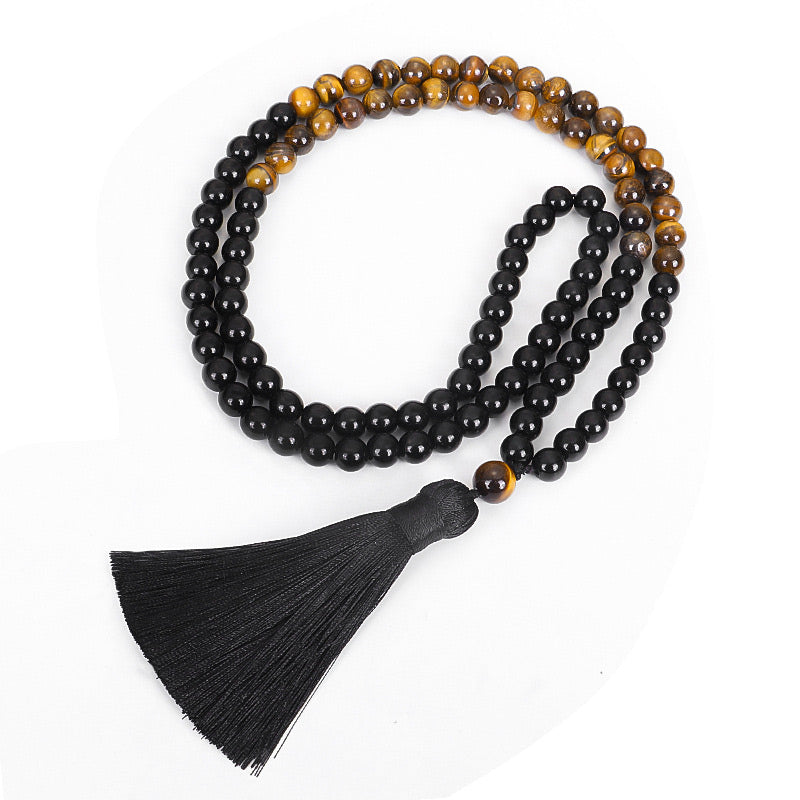 Buddha Stonesチベット黒オニキスタイガーアイ保護ネックレスMalaセット