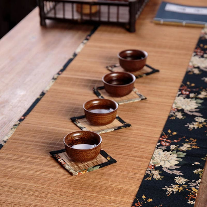 Buddha Stonesヴィンテージ 牡丹の花 竹製 カップマット パッド ティーカップ コースター カンフー ティーマット