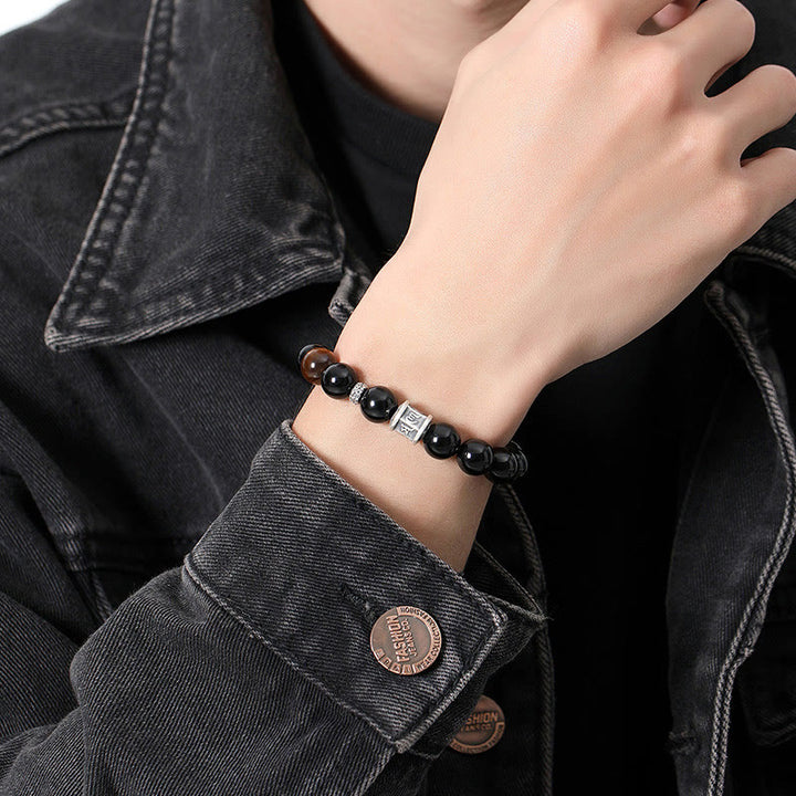 Buddha Stones999 スターリングシルバー ブラックオブシディアン タイガーアイオーム・マニ・パドメ・フムフルフィルメントブレスレット