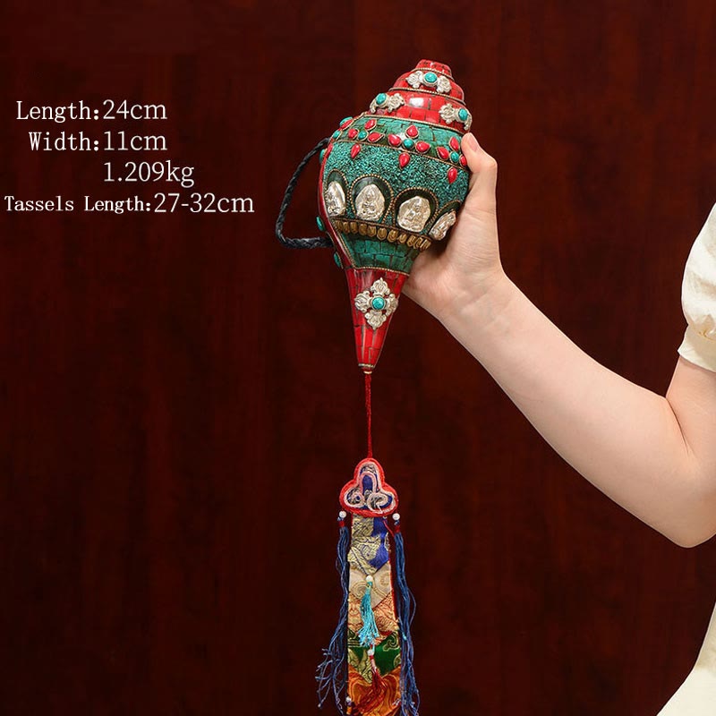 チベット手作り Shankha Om Mani Padme Hum Buddha Avalokitesvara ターコイズ コンクシェル ポジティブ装飾