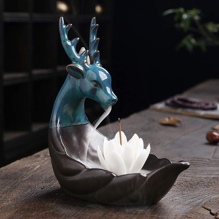 Buddha Stones小さな鹿 陶器 蓮 瞑想 香炉 装飾