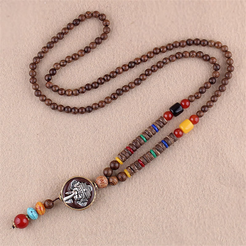 Buddha Stonesチベット ウェンジウッド 菩提樹 シードアゲート 象の守護ネックレス ペンダント