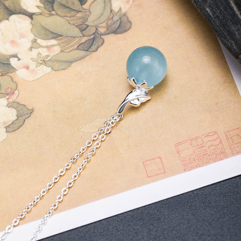 Buddha Stones 925スターリングシルバー 天然アクアマリン リーフフラワー ピース イヤリング ネックレス