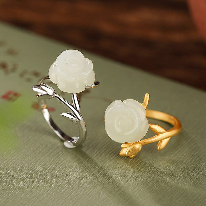 Buddha Stones925 スターリングシルバー ゴールドメッキ ローズフラワー 和田白翡翠 幸福リング