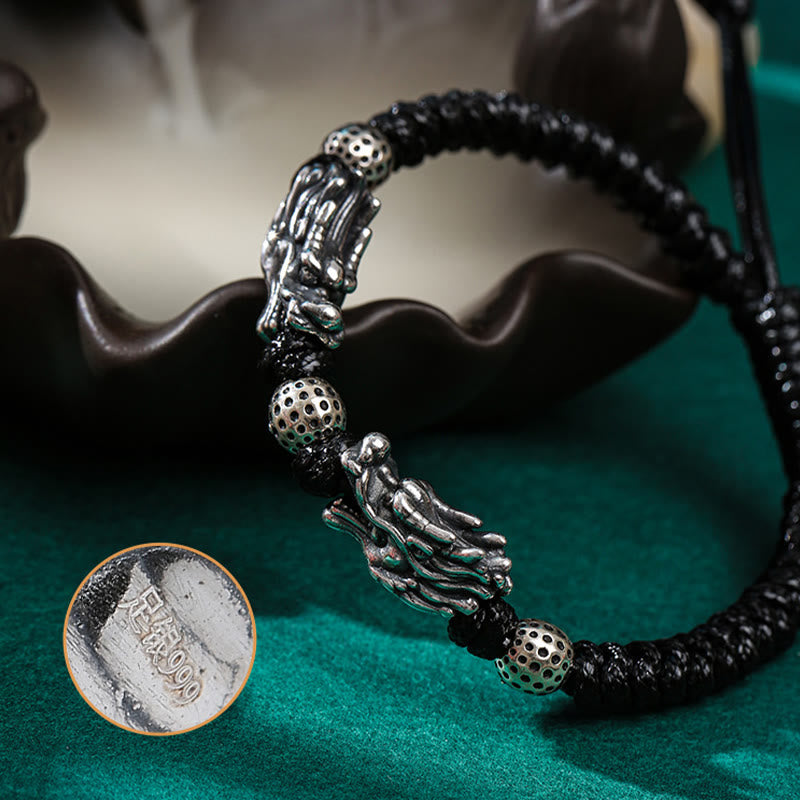 Buddha Stones999 スターリングシルバー ダブルドラゴン 幸運 ハンドメイド 編み込みブレスレット
