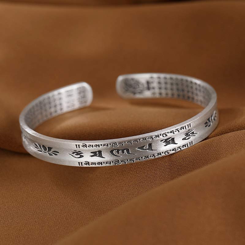 Buddha Stones999スターリングシルバーオーム・マニ・パドメ・フムロータスウィズダムブレスレット バングル