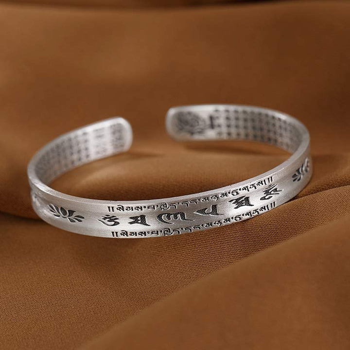 Buddha Stones999スターリングシルバーオーム・マニ・パドメ・フムロータスウィズダムブレスレット バングル