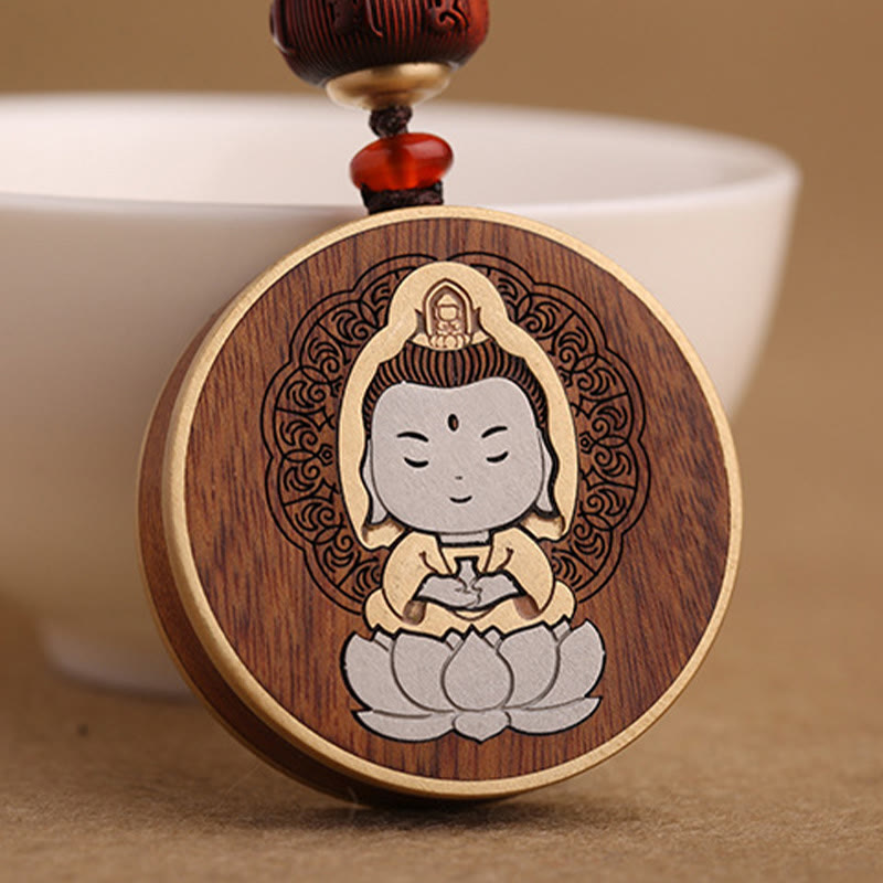 Buddha Stones黒檀木材ローズウッド仏観音菩薩Om Mani Padme Humバランス車のキーチェーン装飾