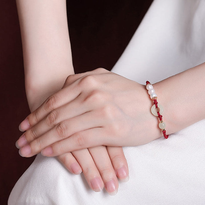 Buddha Stones 925スターリングシルバーメッキゴールド和田翡翠平和バックルパール幸運ブレスレット