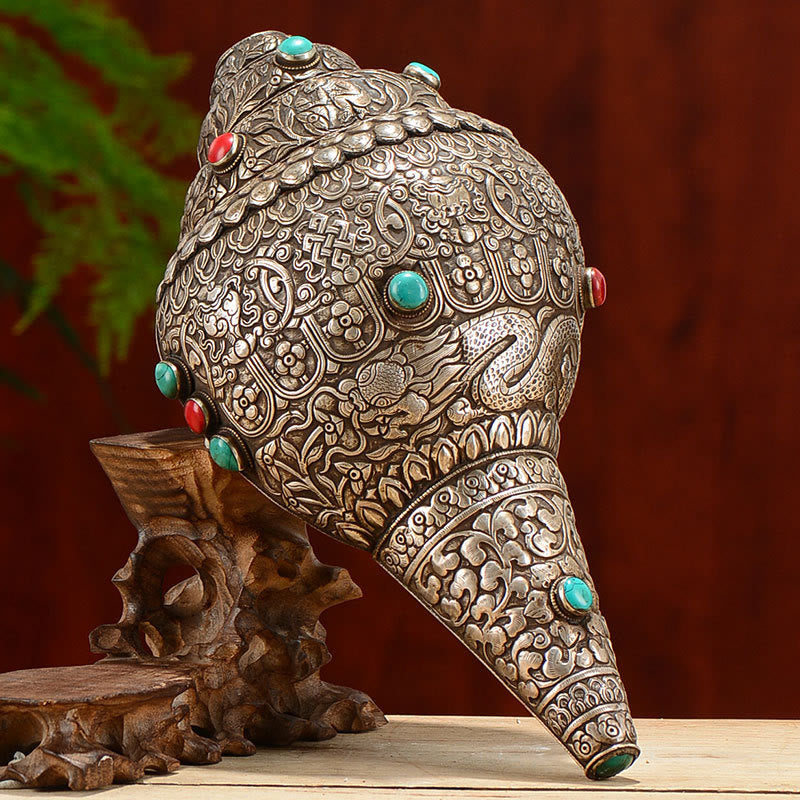 Buddha Stonesチベット 手作り 天然 シャンカ 彫刻 8つの縁起の良いシンボル ほら貝 幸運のホームデコレーション - 27.5×15cm - image 0