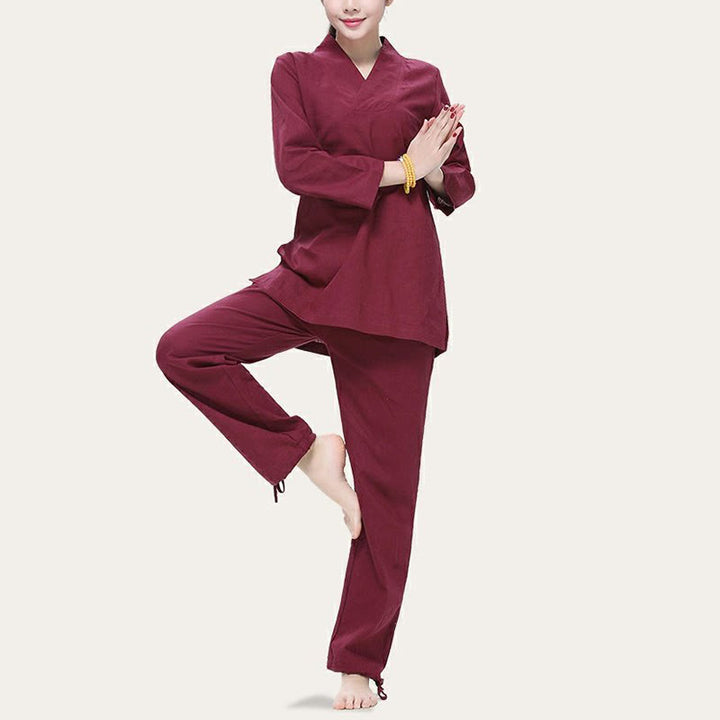 Buddha Stones禅 練習 ヨガ 瞑想 祈り Vネックデザイン ユニフォーム コットンリネン 服 レディース セット - image 1