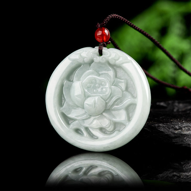 Buddha Stones天然翡翠蓮花彫刻繁栄ネックレスペンダント - image 2