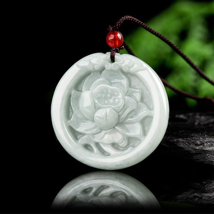 Buddha Stones天然翡翠蓮花彫刻繁栄ネックレスペンダント - image 2