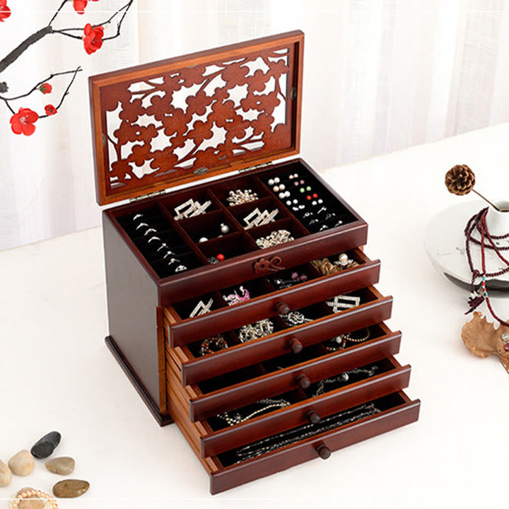 Buddha Stonesヴィンテージ 梅の花 彫刻 木製 ジュエリーボックス 6層 ジュエリー収納ボックス