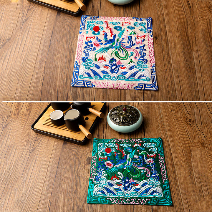 Buddha Stones鳳凰龍 麒麟刺繍 カップマットパッド ティーカップコースター カンフーティーマット
