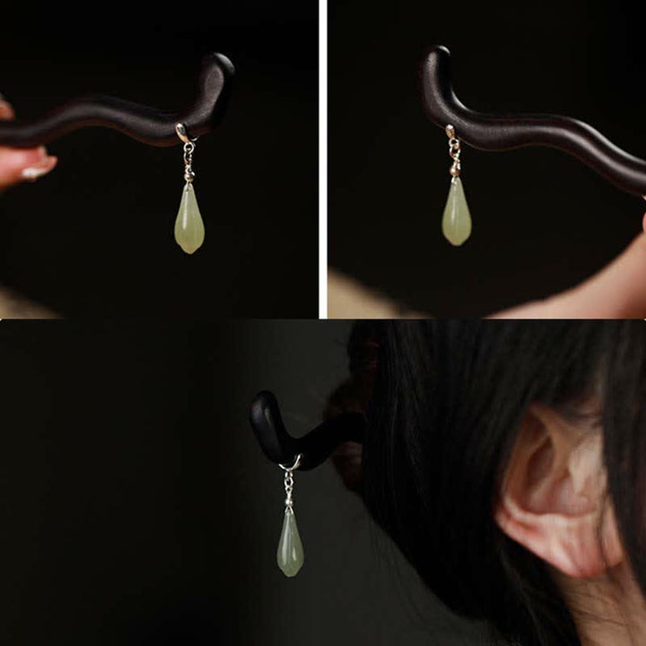 Buddha Stones925スターリングシルバー天然和田翡翠黒檀木製幸運チャームヘアピン
