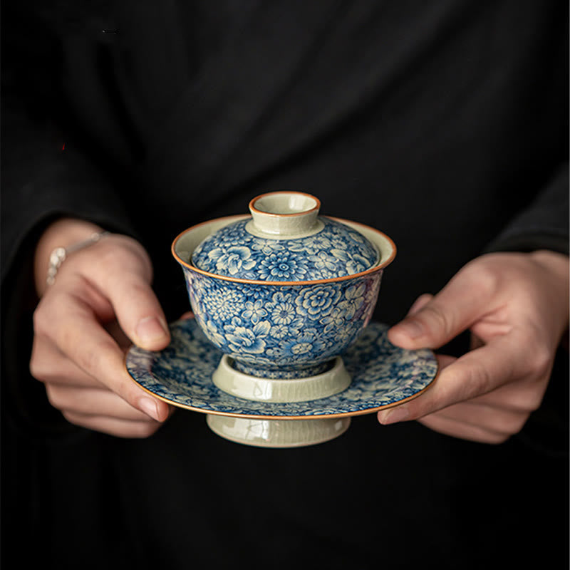 Buddha Stonesヴィンテージ青と白の磁器桃の花蓮牡丹セラミック蓋碗三彩ティーカップカンフーティーカップとソーサー蓋付き