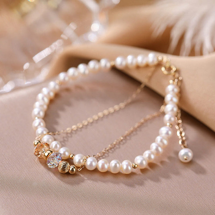 Buddha Stones925スターリングシルバー 14Kゴールドメッキ 天然パールクリスタル ヒーリング ダブルレイヤーブレスレット