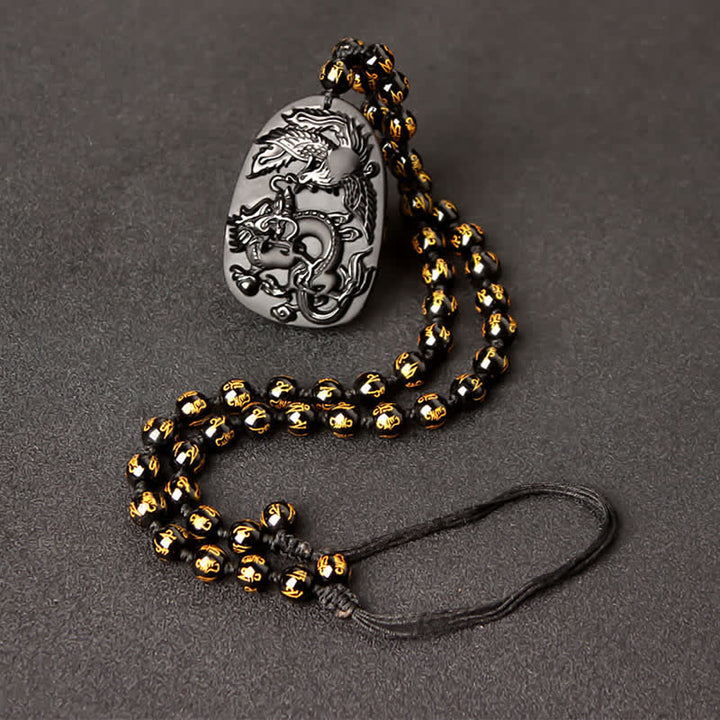 Buddha Stonesブラックオブシディアン タイガーアイ ドラゴン フェニックス 守護ビーズネックレスペンダント - オブシディアンゴールド伸縮ビーズストリング - image 11