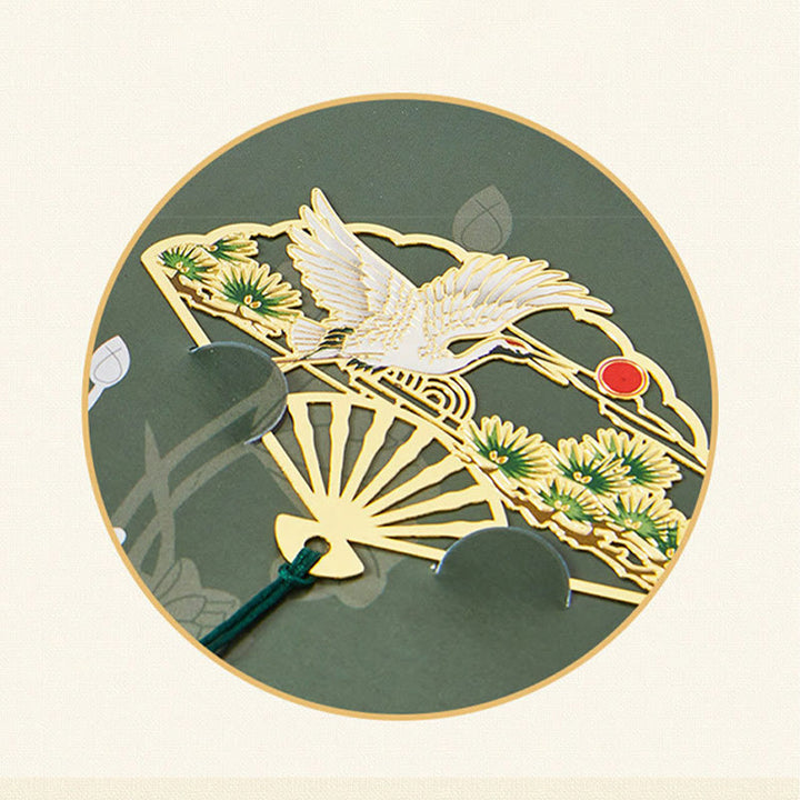 Buddha Stones伝統的な蝶 蓮の花 鶴 龍 鳳凰 狐 鯉 新しい始まり 金属 真鍮 中空扇子 ブックマーク