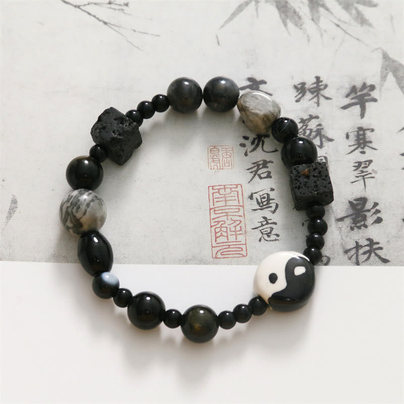 Buddha Stonesブラックオニキス ピカソジャスパービーズ 陰陽幸運繁栄守護ブレスレット