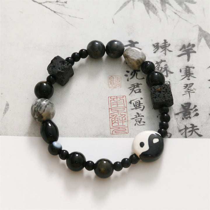 Buddha Stonesブラックオニキス ピカソジャスパービーズ 陰陽幸運繁栄守護ブレスレット