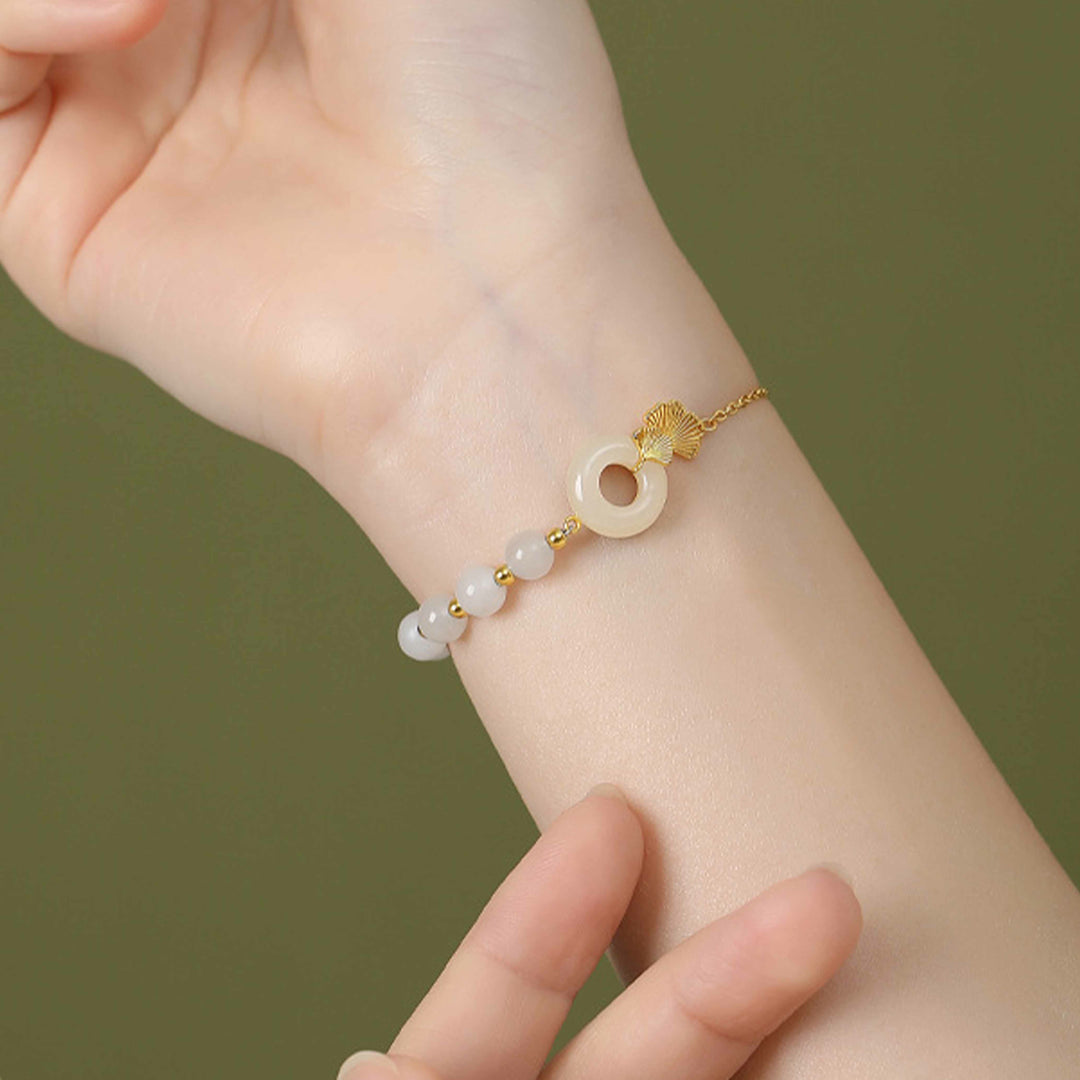 Buddha Stones 925スターリングシルバー 和田白翡翠 平和バックル イチョウの葉 幸運ブレスレット