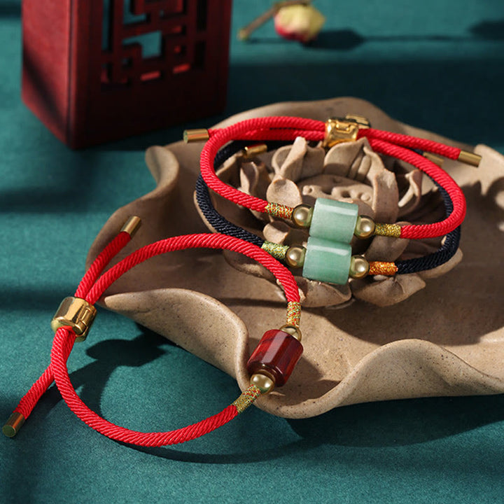 Buddha Stonesチベット ハンドメイド グリーンアベンチュリン レッドストーン マラカイト 幸運の守護 編み込みロープブレスレット