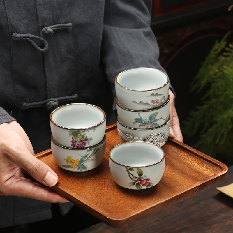Buddha Stones、ビワ、ライチ、雪景色、ブドウ、リンゴ、陶器のティーカップ、カンフーティーカップ