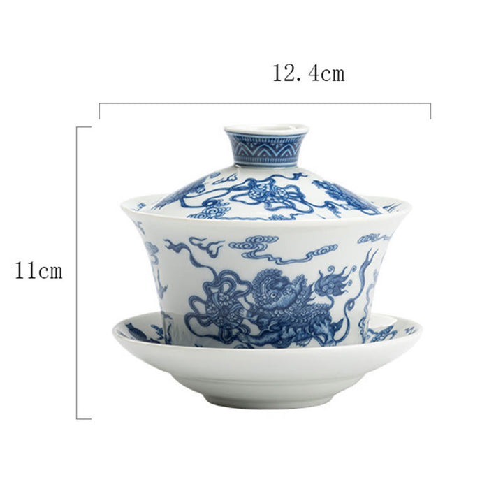 Buddha Stones青と白の磁器 蓮 鯉 獅子舞 スイカ 陶器 蓋碗 三彩 ティーカップ カンフーティーカップ＆ソーサー 蓋付き 300ml