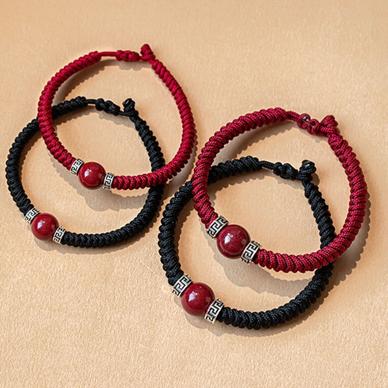 Buddha Stones 925スターリングシルバー 天然辰砂ビーズ 落ち着いたハンドメイド編み紐ブレスレット