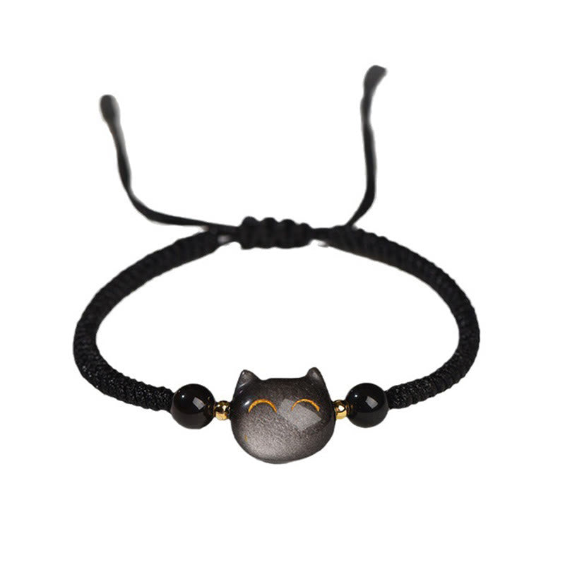 Buddha Stonesハンドメイド 天然銀光沢黒曜石 ストロベリークォーツ かわいい猫のお守り編み込みブレスレット - image 5