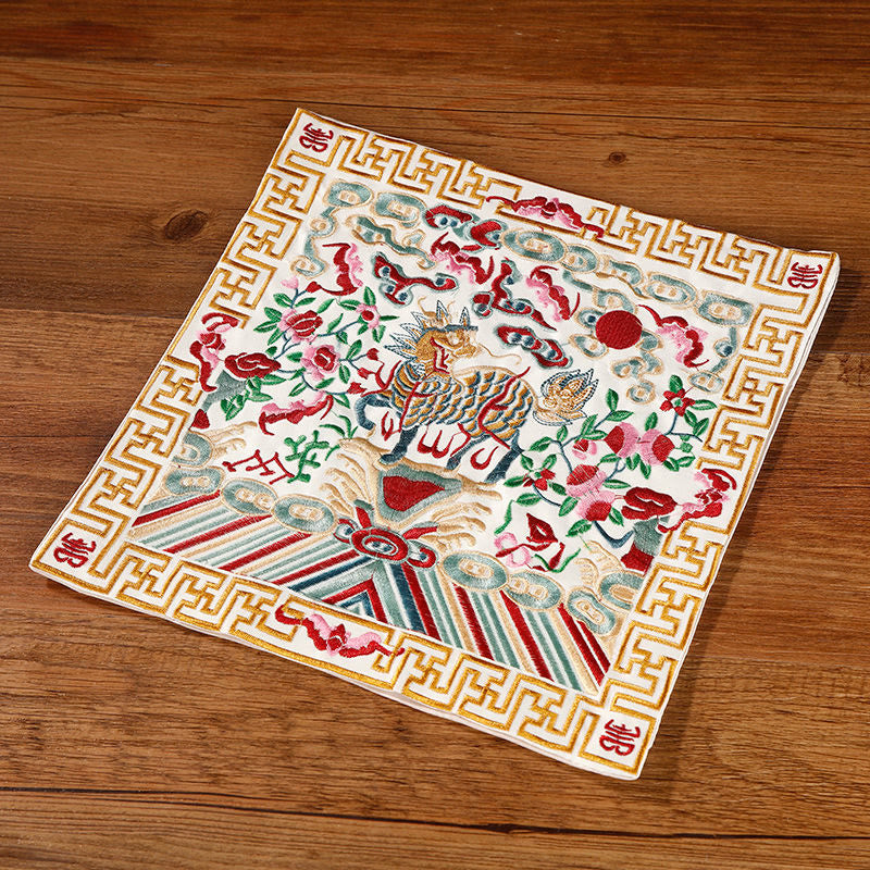 Buddha Stones鳳凰 龍 麒麟 刺繍 カップマットパッド ティーカップコースター スクエア カンフーティーマット