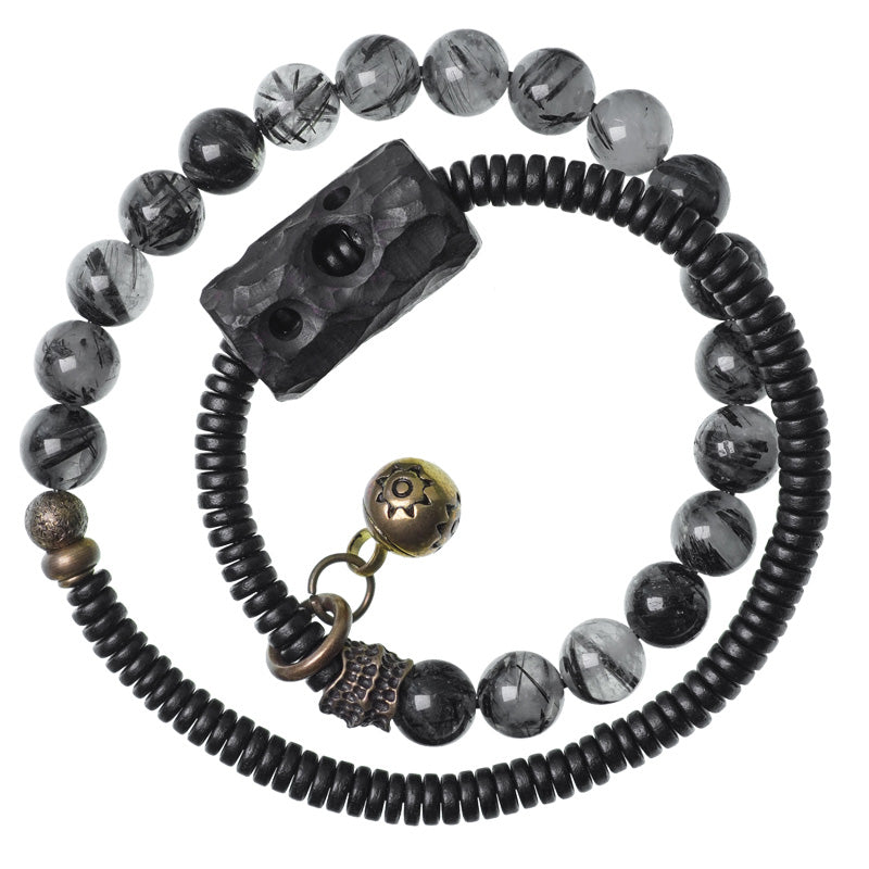 Buddha Stonesブラックルチルクォーツ 黒檀 木 銅 知恵 カップル ブレスレット