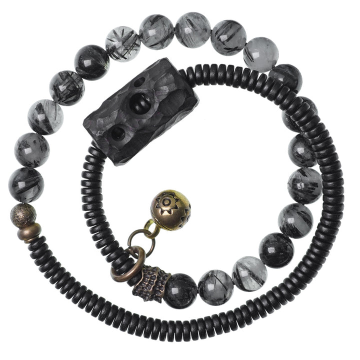 Buddha Stonesブラックルチルクォーツ 黒檀 木 銅 知恵 カップル ブレスレット