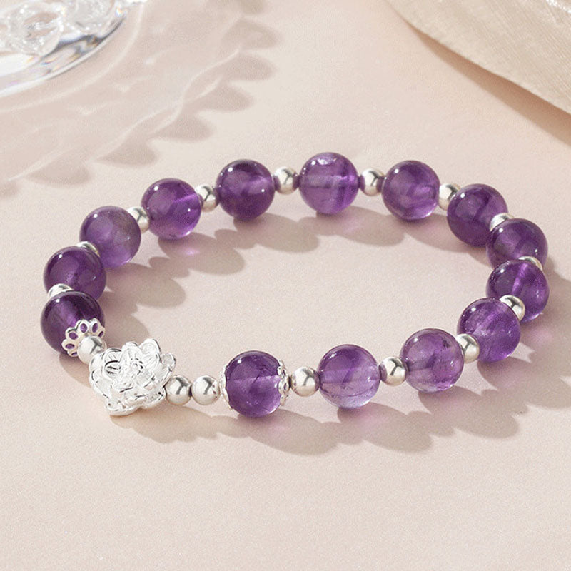 Buddha Stones925スターリングシルバー 天然アメジスト ロータス スピリチュアルブレスレット