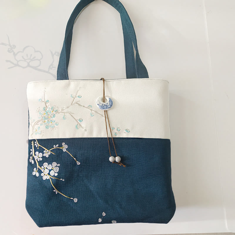 梨花 梅 桃の花 竹刺繍 キャンバス 大容量 ショルダーバッグ トートバッグ