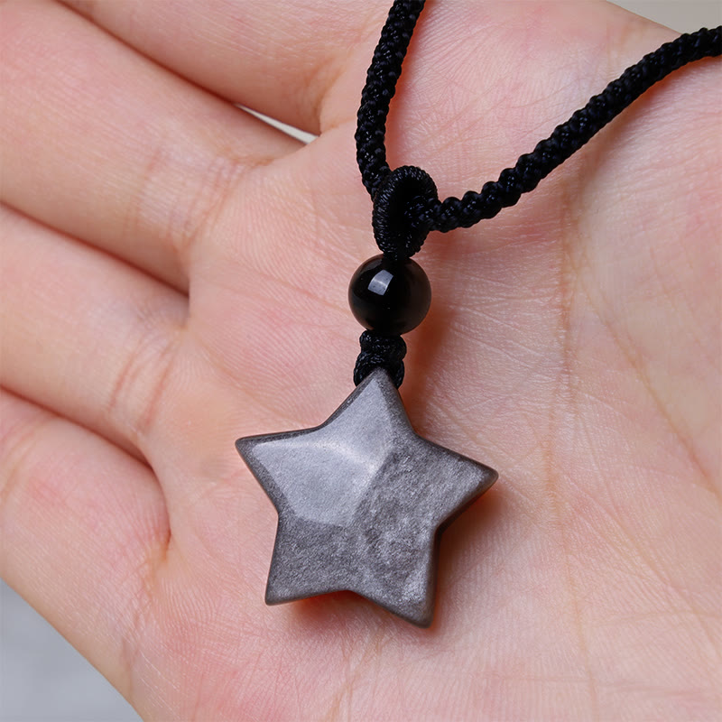 Buddha Stones天然銀光沢黒曜石 星 三日月 守護ネックレスペンダント