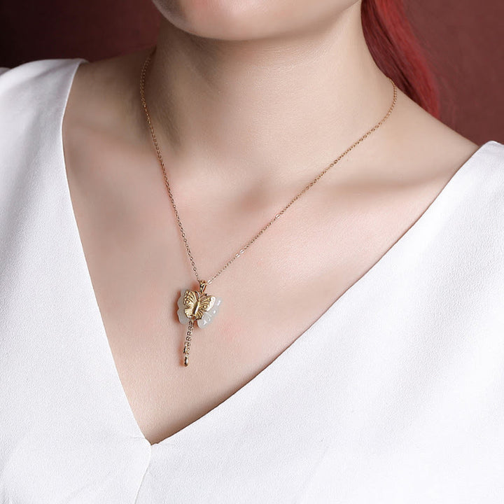Buddha Stones 925スターリングシルバーメッキゴールド和田白翡翠バタフライ祝福ネックレスペンダント