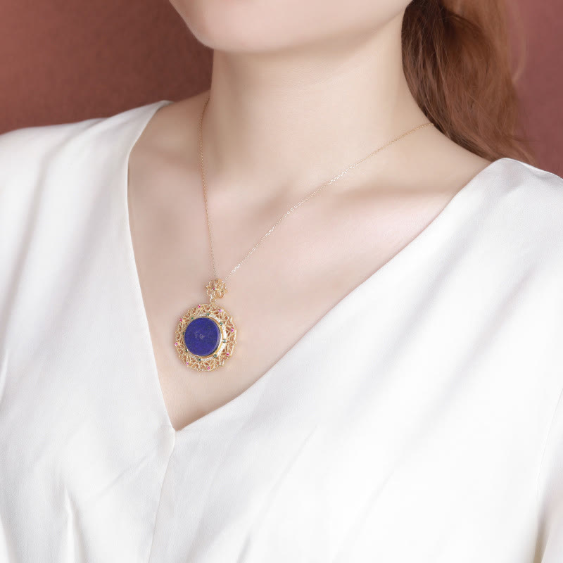 Buddha Stones 925スターリングシルバーメッキゴールドラズライトポジティブネックレスペンダント