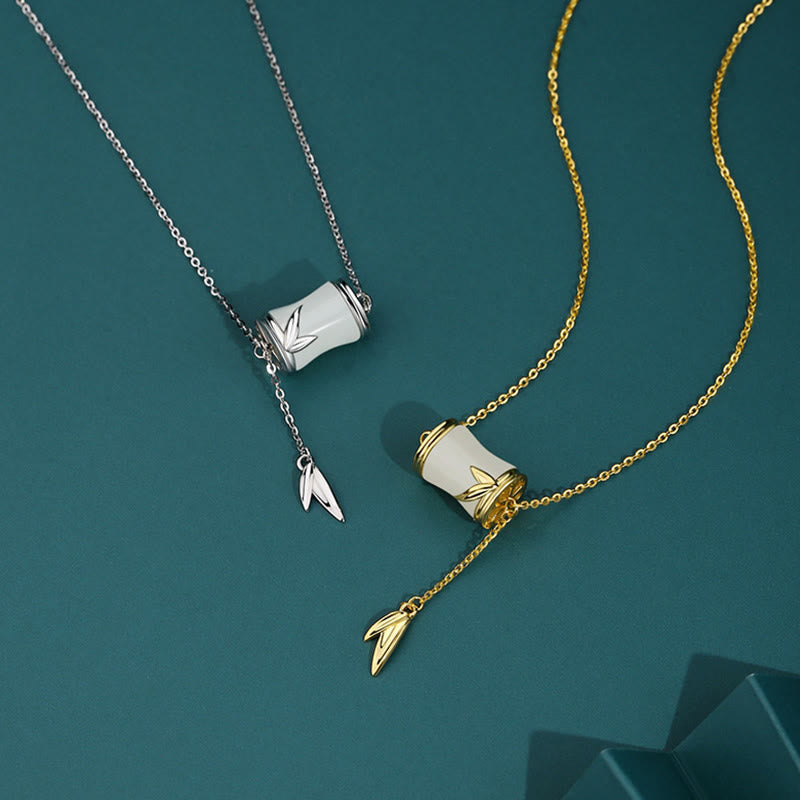 Buddha Stones 925スターリングシルバー 22Kゴールド 和田白翡翠 竹の葉 幸運のネックレス ペンダント ブレスレット - image 1