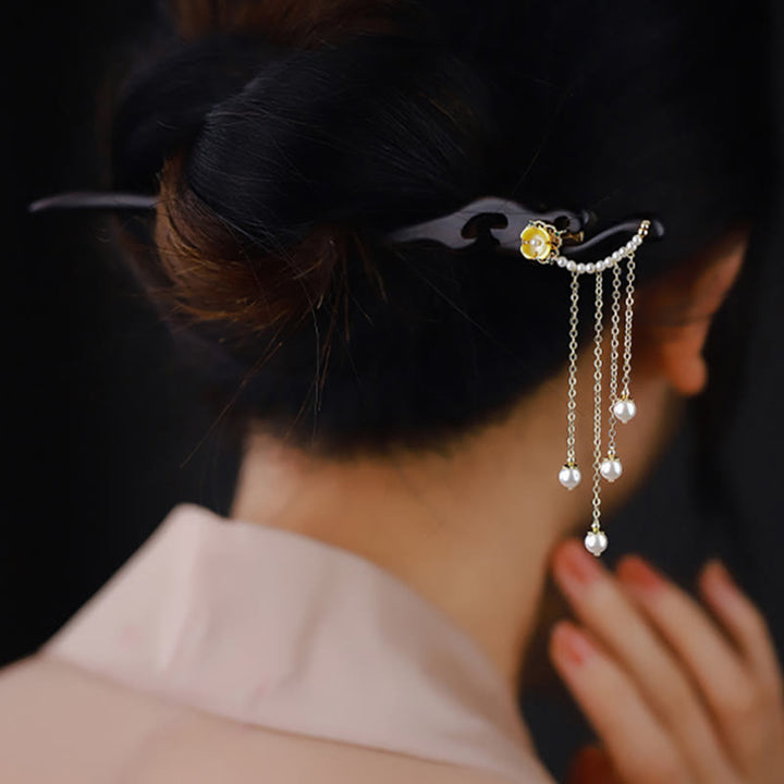 Buddha Stones、黒檀、黄色の花、真珠のタッセル、ヘアピン