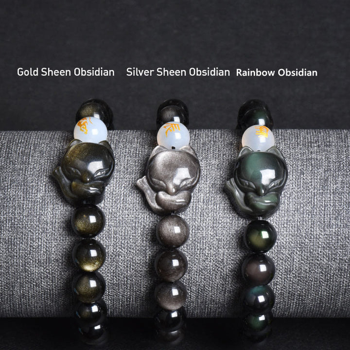 Buddha Stones天然レインボーオブシディアン ゴールドシーンオブシディアン シルバーシーンオブシディアン フォックスヒーリングブレスレット