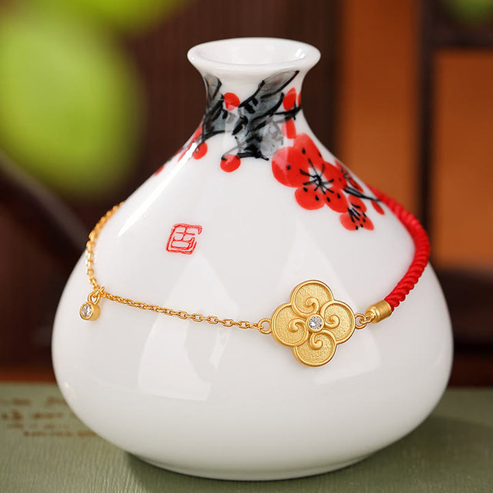 Buddha Stones925スターリングシルバー ゴールドメッキ 四つ葉のクローバー ジルコン 幸運のブレスレット