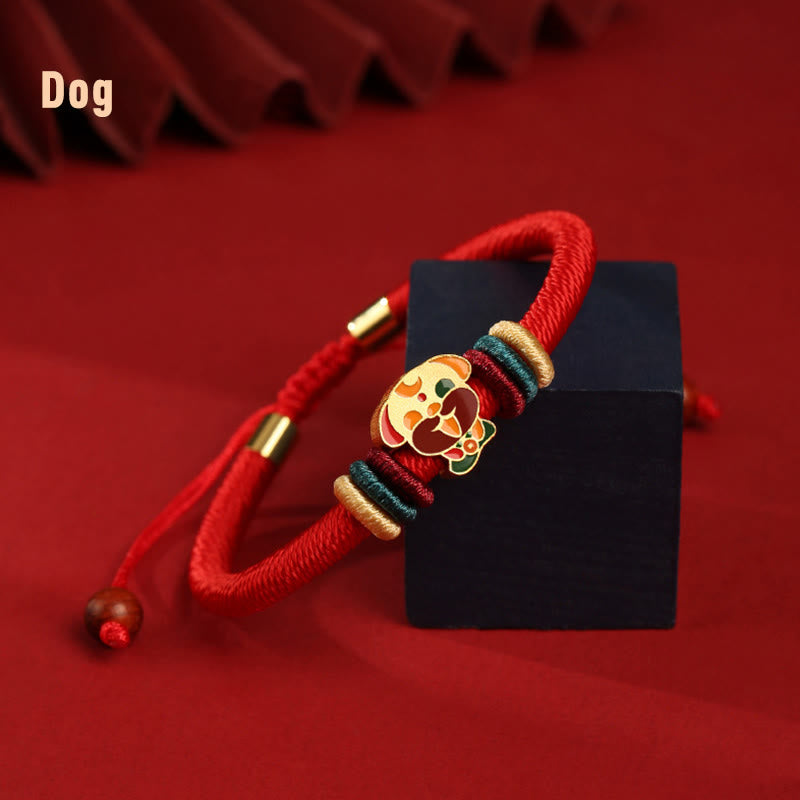 Buddha Stonesハンドメイド925スターリングシルバードラゴン年かわいい中国の十二支幸運編み込みレッドブレスレット