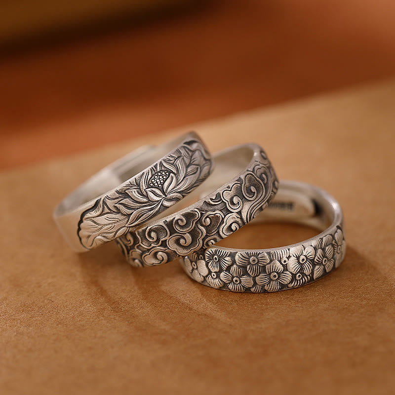 Buddha Stones999 スターリングシルバー 蓮の花 梅の花 縁起の良い雲 彫刻 悟りの指輪 - image 0