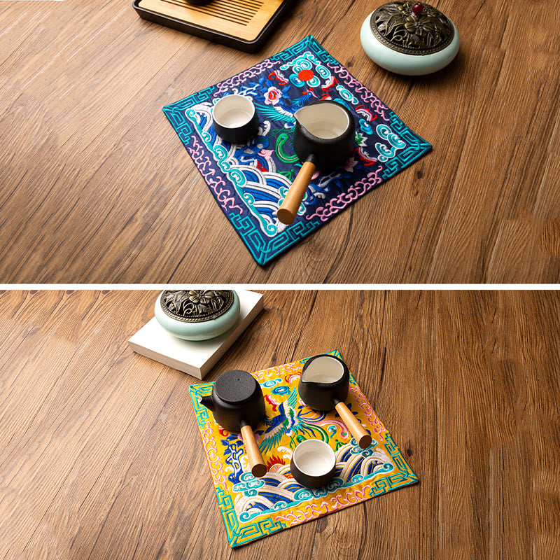 Buddha Stones鳳凰龍 麒麟刺繍 カップマットパッド ティーカップコースター カンフーティーマット