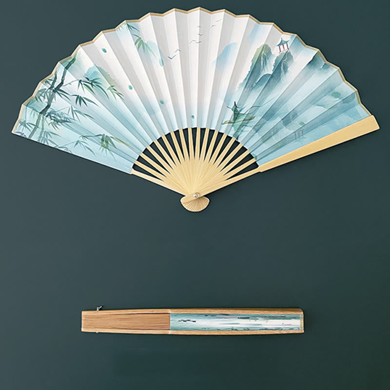 Buddha Stonesレトロ 蓮の花 葉 山 湖 手持ち扇子 竹製フレーム付き